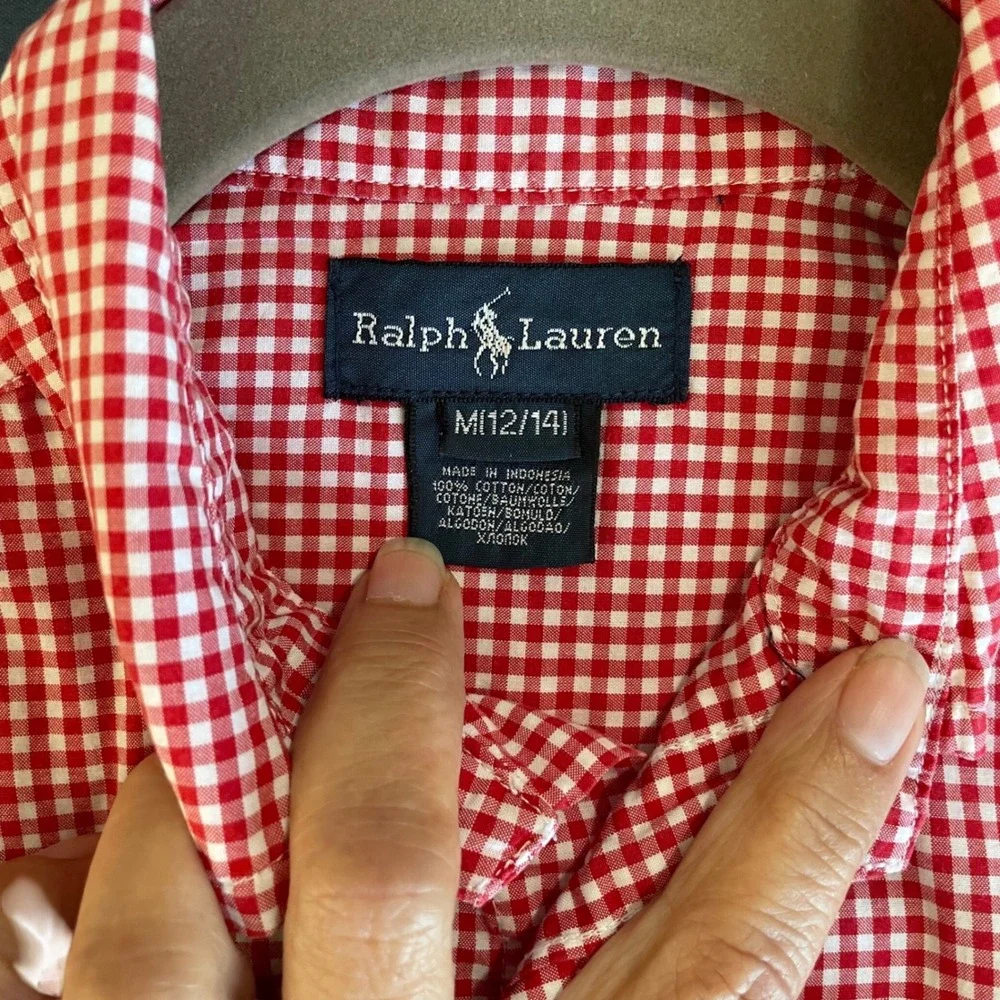 Ralph Lauren Kids Boys Red‎ Gingham Button Down Shirt Size M 12-14 Long Sleeve